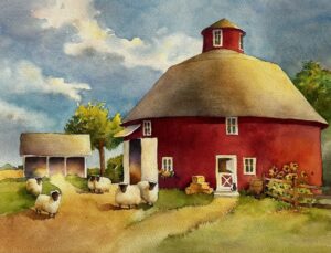Elizabeth Pfeiffer | Round Red Barn with Sheep